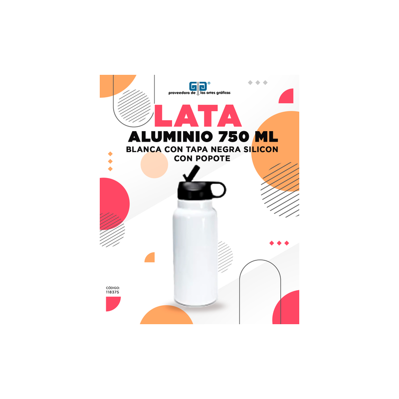 LATA DE ALUMINIO BLANCA CON TAPA NEGRA SILICON CON POPOTE PARA SUBLIMAR 750 ML SUBLIMACION ENCOGRAPHICS