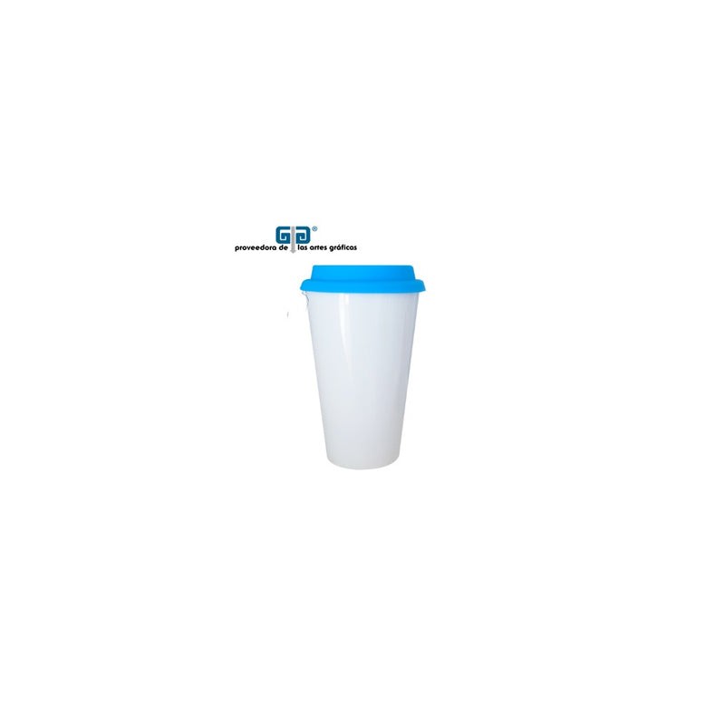 VASO CONICO CERAMICA CON TAPA SILICON AZUL 17 OZ  O 500 ML PARA SUBLIMAR SUBLIMACION ENCOGRAPHICS
