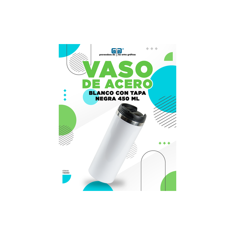 VASO BLANCO ACERO INOXIDABLE CON TAPA  NEGRA 450 ML PARA SUBLIMAR ENCOGRAPHICS