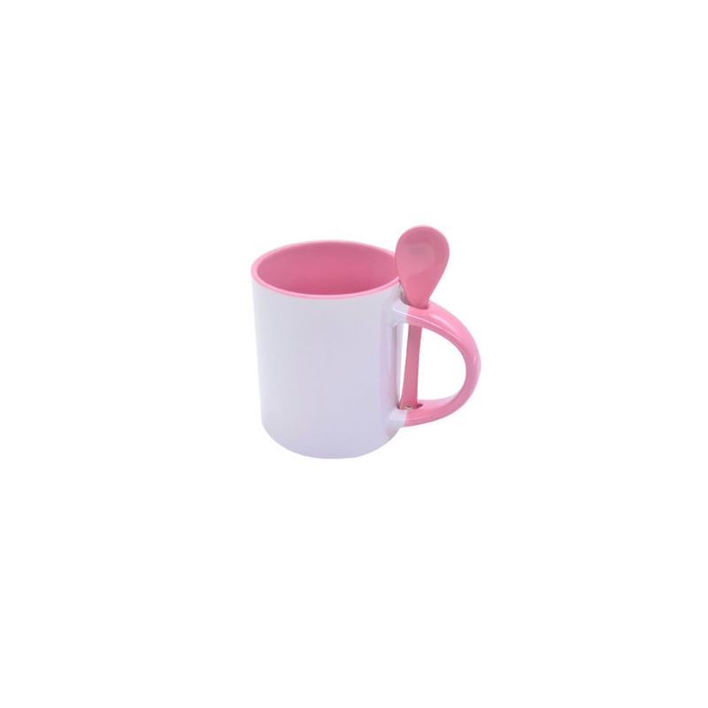 TAZA BLANCA INTERIOR ROSA CUCHARA Y  ASA ROSA 11 oz FONDO PLANO PARA SUBLIMAR SUBLIMACION ENCOGRAPHICS
