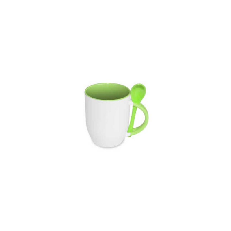 TAZA BLANCA CON CUCHARA 11 OZ VERDE CLARO FONDO OVALADO PARA SUBLIMAR SUBLIMACION ENCOGRAPHICS