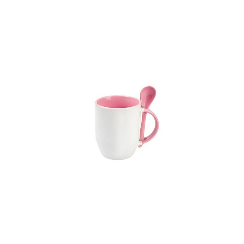 TAZA BLANCA CON CUCHARA 11 OZ ROSA FONDO OVALADO PARA SUBLIMAR SUBLIMACION ENCOGRAPHICS