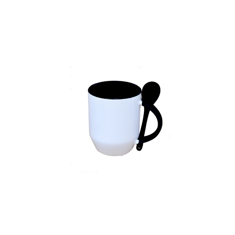 TAZA BLANCA CON CUCHARA 11 OZ NEGRO FONDO OVALADO PARA SUBLIMAR SUBLIMACION ENCOGRAPHICS