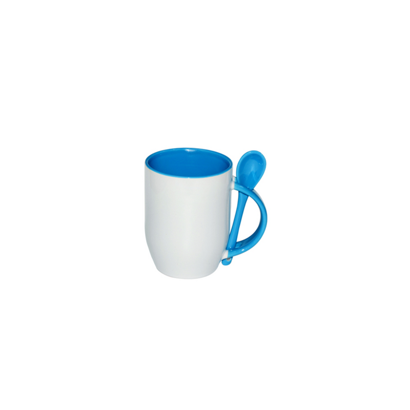 TAZA BLANCA CON CUCHARA 11 OZ AZUL FONDO OVALADO PARA SUBLIMAR SUBLIMACION ENCOGRAPHICS