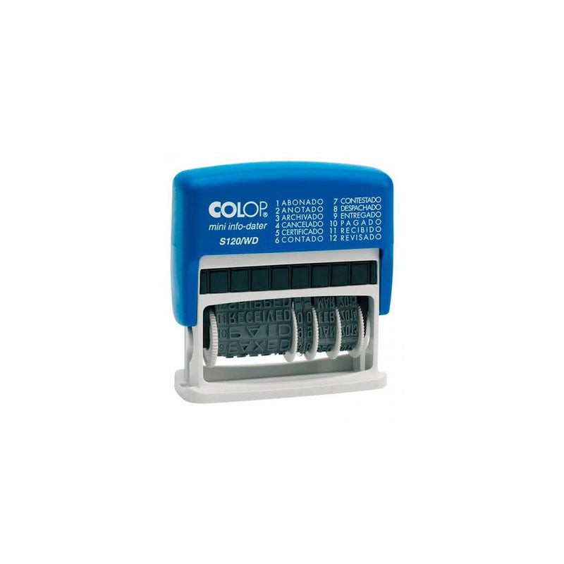 FECHADOR  COLOP PRINTER MINI S 120 WD  CON 12 TEXTOS, ABONADO, ORIGINAL, CERTIFICADO, PAGADO, CONTADO, CONTABILIZADO, COPIA, COB