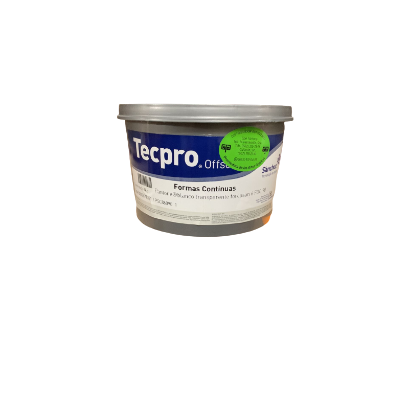 TINTA PARA PRENSA OFFSET COLOR	BLANCO TRANSPARENTE FORCOSAN CLAVE 6 FOC 90	CONTENIDO 1 KG	MARCA	TECPRO SANCHEZ	PRODUCCION EN MEX