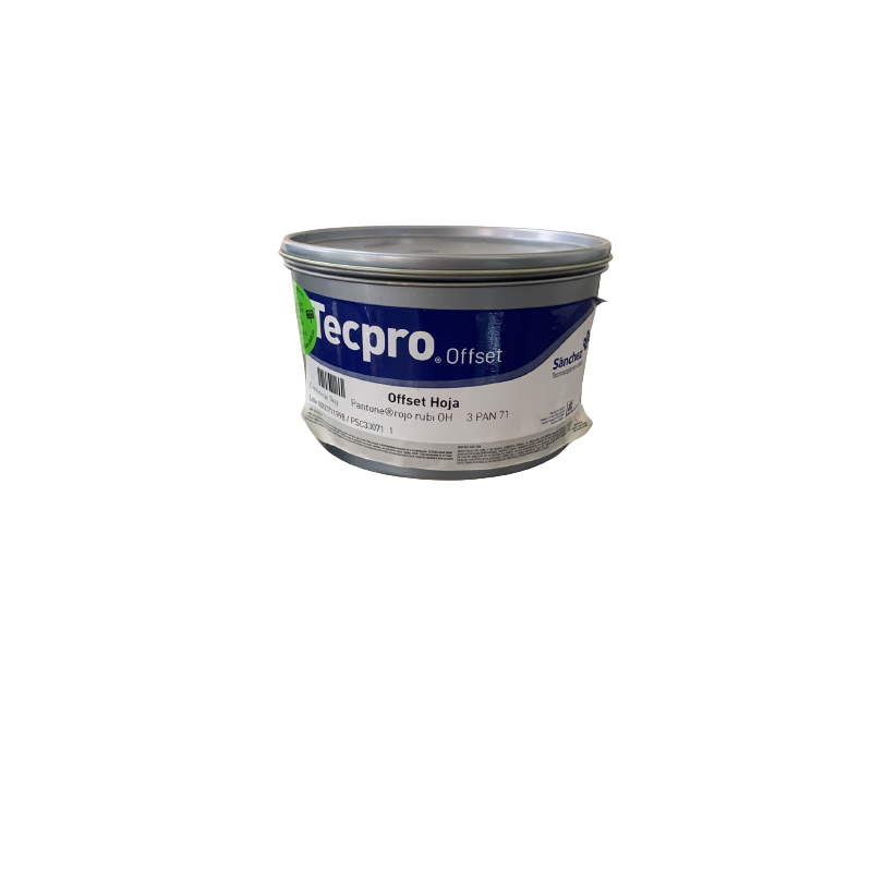 TINTA PARA PRENSA OFFSET COLOR	ROJO RUBI CLAVE	3 PAN 71	CONTENIDO 1 KG MARCA	TECPRO SANCHEZ	PRODUCCION EN MEXICO