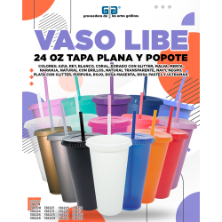 VASO LIBE 24 OZ TAPA PLANA Y POPOTE VARIEDAD EN COLORES