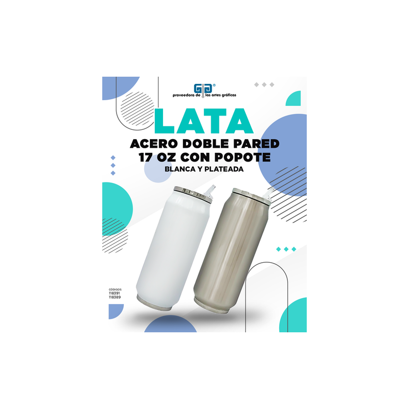 LATA DE ALUMINIO DOBLE PARED INOXIDABLE CON POPOTE 17 OZ 500 ML