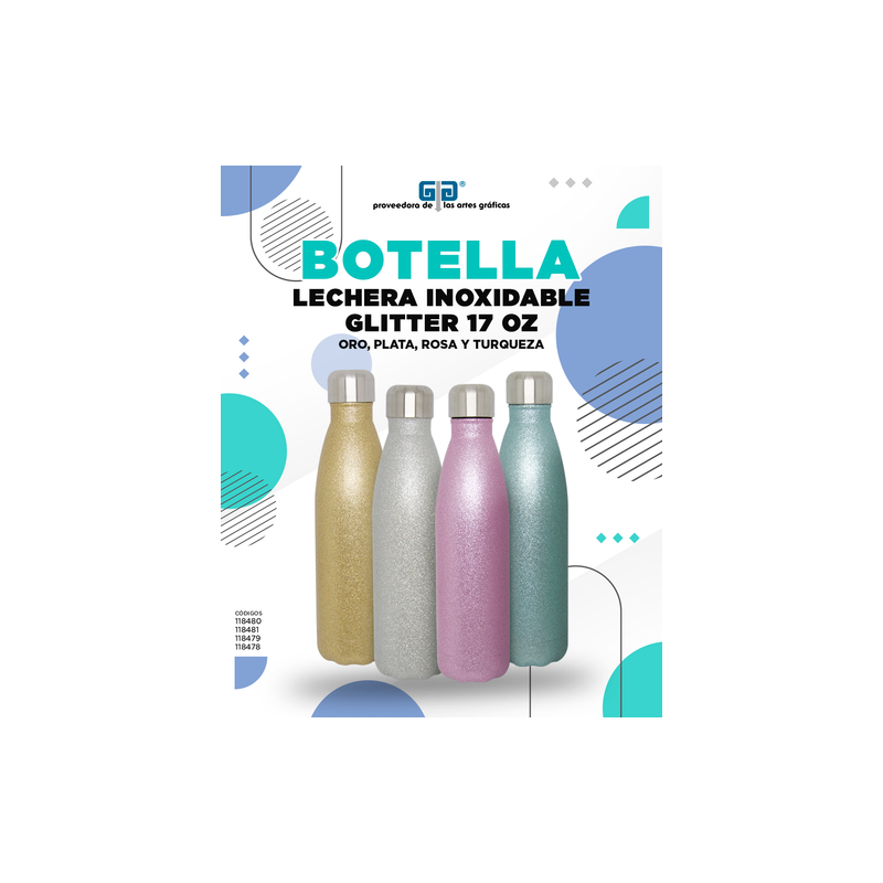 BOTELLA DE ALUMINIO TIPO LECHERA GLITTER COLORES 500 ML
