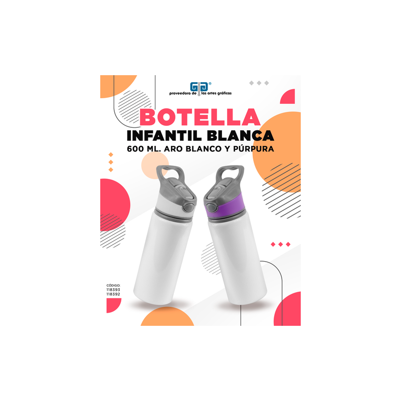 BOTELLA DE ALUMINIO INFANTIL BLANCA CON ARO DE COLOR 600 ML