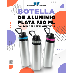 BOTELLA DE ALUMINIO PLATA CON TAPA Y ARO COLORES 750 ML