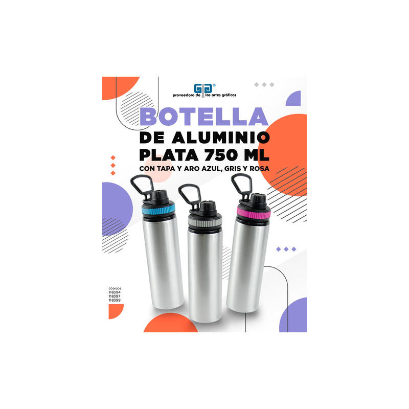 BOTELLA DE ALUMINIO PLATA CON TAPA Y ARO COLORES 750 ML