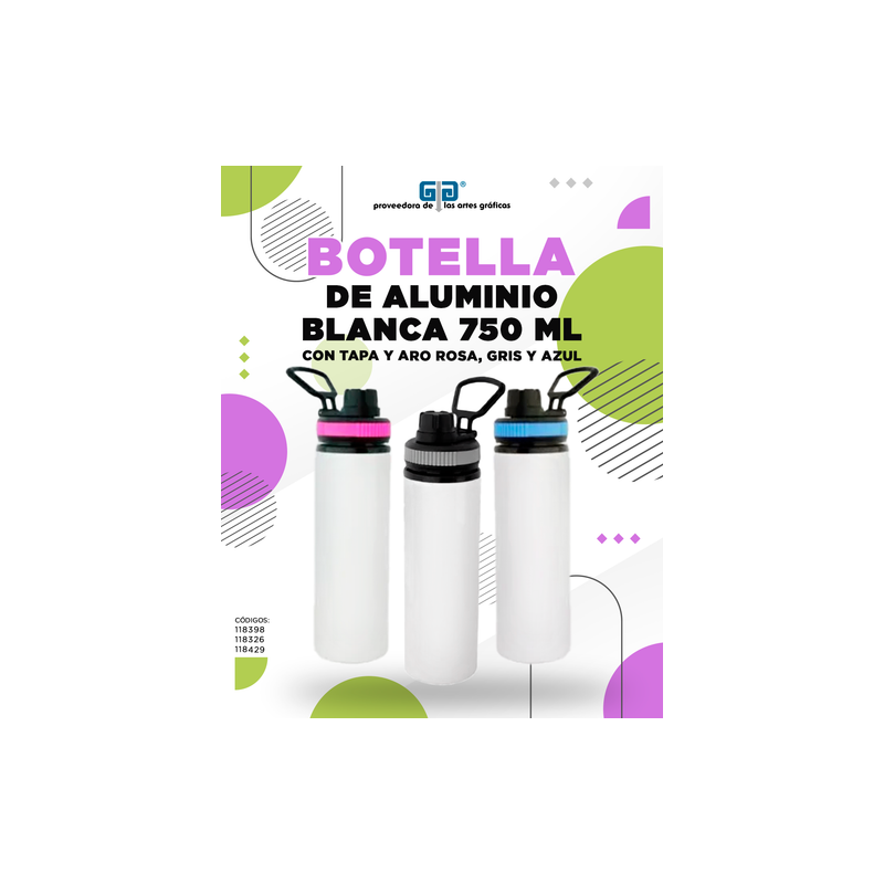 BOTELLA DE ALUMINIO BLANCA 750 ML CON TAPA Y ARO DE COLOR