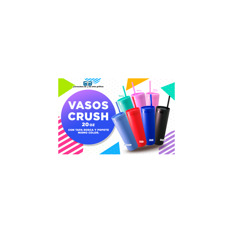 VASO CRUSH 20 OZ CON TAPA ROSCA Y POPOTE  VARIEDAD EN COLORES