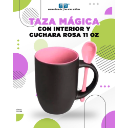 TAZA MAGICA NEGRA INTERIOR Y CUCHARA ROSA 11 OZ