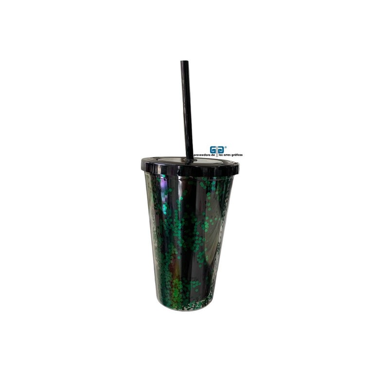VASO LIKY VERDE GLITTER DOBLE FONDO TAPA Y POPOTE NEGRO