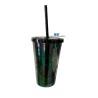 VASO LIKY VERDE GLITTER DOBLE FONDO TAPA Y POPOTE NEGRO